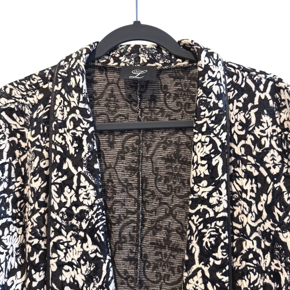 Libra Black White Damask Floral Print Open Front Collarless Blazer Jacket Women - Picture 2 of 8